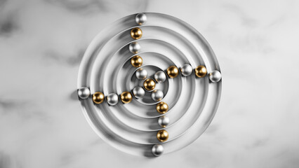 Gold and silver spheres rolling on concentric circles creating a modern design