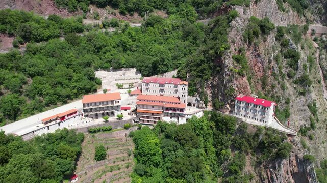 Aerial Point of Interest Shot of Proussos Monastery in Evrytania Karpenisi Greece