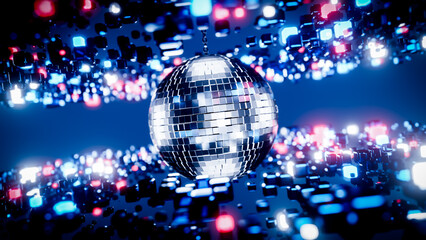 Shiny disco ball rotating and reflecting colorful lights in a festive atmosphere
