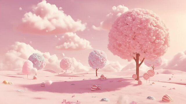 Pastel Dreamscape with Pink Clouds and Cotton Candy Trees in Gentle Animation Featuring a Pixelated Stream in a Whimsical Land