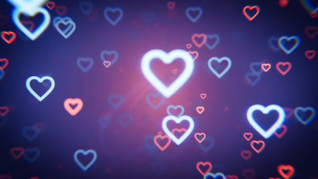 Glowing neon hearts floating on purple background representing love and affection - Powered by Adobe