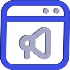 3d blue browser window icon with a light purple megaphone symbol inside isolated on transparent background