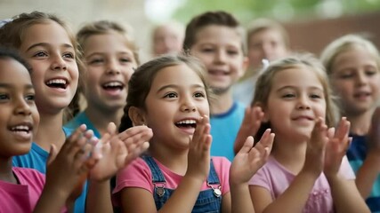 Hands clapping in gesture of appreciation and celebration of children. Joyful and thanks in applause. Group of kids in success. Concept of happy childhood and diverse friendship unity. Video