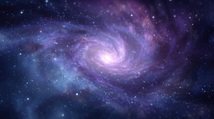 Fototapeta premium Breathtaking spiral galaxy scene with a bright, glowing core, swirling purple and blue cosmic clouds, and countless scattered stars, capturing the vastness, mystery, and grandeur of the universe for a