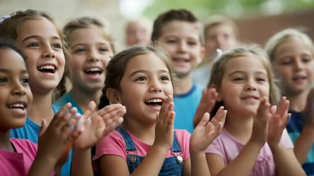Hands clapping in gesture of appreciation and celebration of children. Joyful and thanks in applause. Group of kids in success. Concept of happy childhood and diverse friendship unity. Video