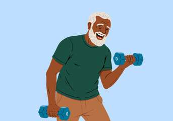 Illustration of a happy man exercising with dumbbells