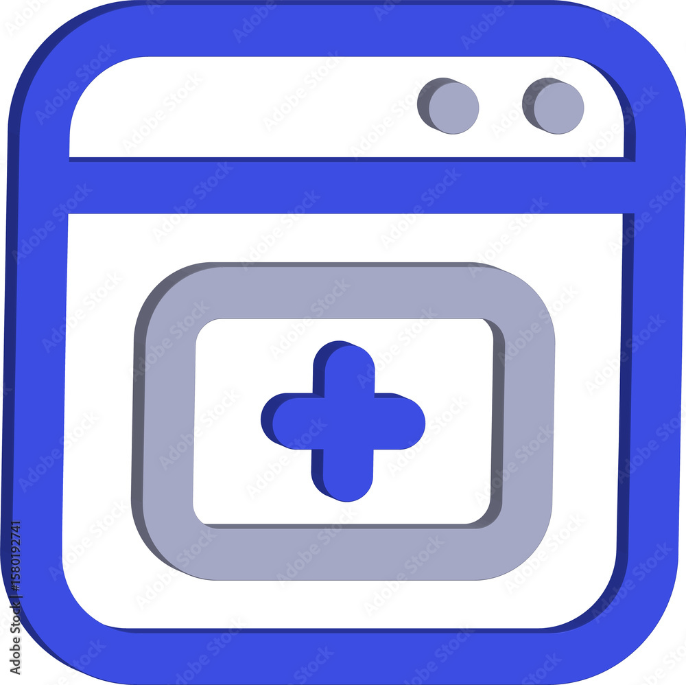 Fototapete blue 3d browser window icon with a plus symbol inside a grey frame isolated on transparent backgroun