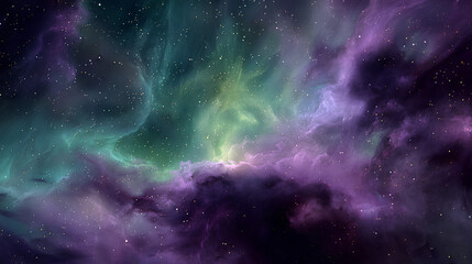 Cosmic Nebula with Purple and Green Gaseous Clouds in Dark Night Sky