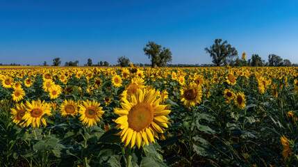 Obraz premium A vibrant field of sunflowers basks in the warm summer sunlight under a clear blue sky.