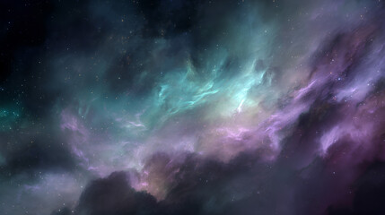 Fototapeta premium Cosmic Nebula with Purple and Green Gaseous Clouds in Dark Night Sky