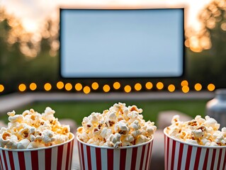 Private backyard movie night with a large projector screen, fairy lights, and cozy seats