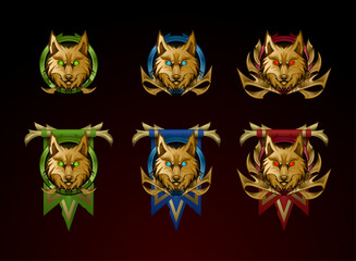 Obraz premium set of fantasy medieval game rank level badge, wolf head and golden frame with banner flag
