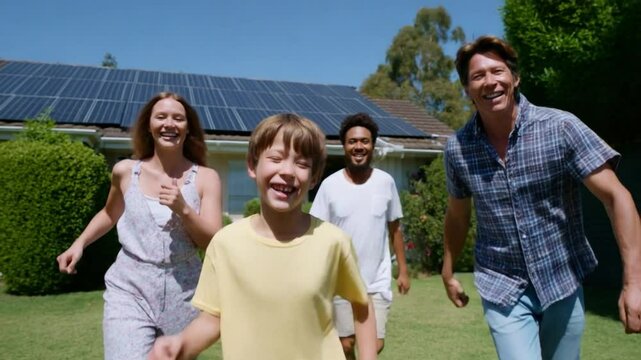 Family Fun Run with Solar Panels: A vibrant family, energised and smiling, runs towards the camera against the backdrop of a house with solar panels on a bright day.
