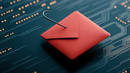 Phishing email concept with hook and envelope A red envelope pierced by a fish hook on a digital background symbolizes phishing emails and cyber threats in online communication
