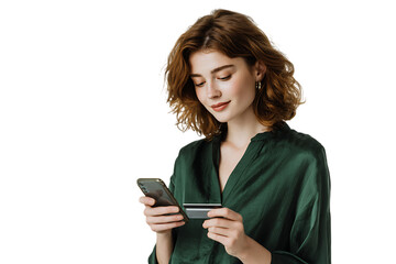 Young woman using phone & credit card.