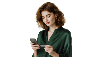 Young woman using phone & credit card.