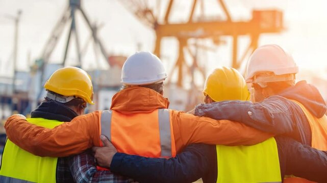 Construction Crew Collaboration: A united group of construction workers stand together, arms around each other, embodying the spirit of teamwork and camaraderie.