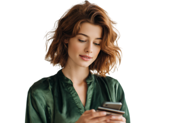 Young woman using phone and credit card.
