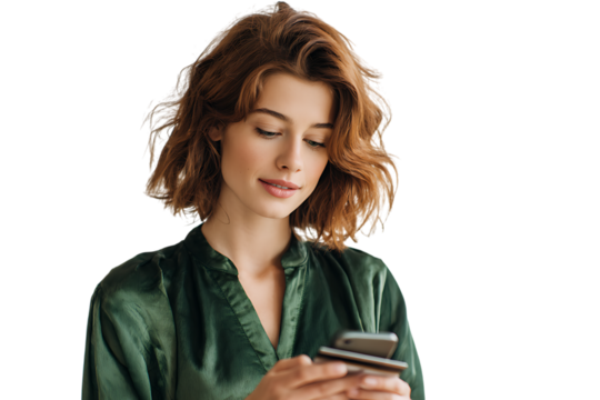 Young woman using phone and credit card.