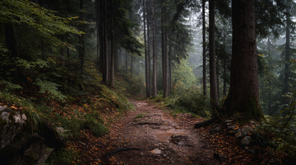 Fototapeta premium A serene forest path leads through a misty, atmospheric woodland setting.