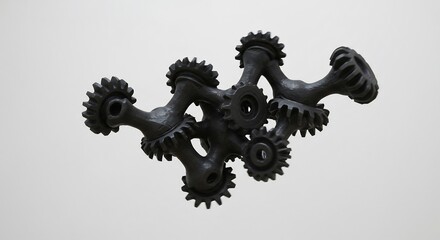 Dark intricate sculpture of interconnected gears and branching forms against a light grey background