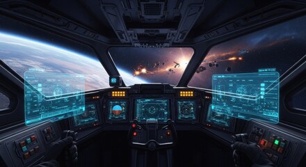 Inside the Cockpit of a Futuristic Spaceship Observing a Distant Galaxy Battle