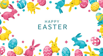 Illustration of Easter Bunnies with Eggs on Black Transparent Background
