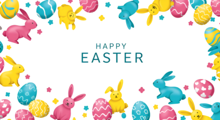 Illustration of Easter Bunnies with Eggs on Black Transparent Background
