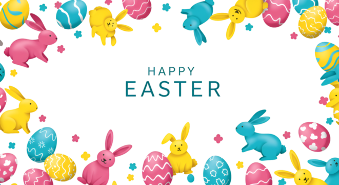 Illustration of Easter Bunnies with Eggs on Black Transparent Background - Powered by Adobe