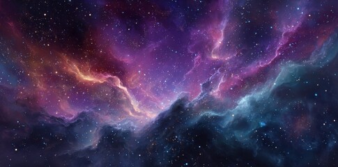 Fototapeta premium Vibrant cosmic nebula panorama with swirling purple, pink, blue, and orange celestial clouds, dotted by countless twinkling stars against a deep space backdrop, representing the mystery, vastness, and