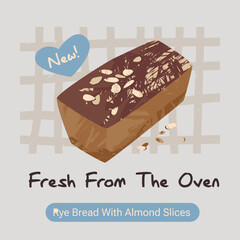 Bakery Poster with Rye Bread Loaf Modern Vintage Style Square Format Vector