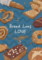 Bakery Poster with Various Bread Types on Blue Background Modern Vintage Style A3 Vertical Format Vector