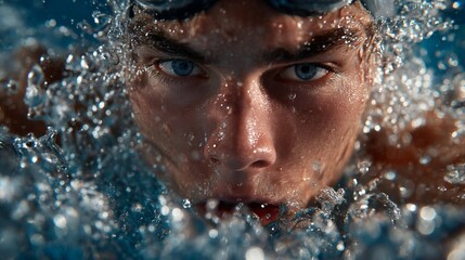 Close-up of a male swimmer emerging from water with splashes, determination in competitive swimming, intense blue eyes and wet face, dynamic water movement, and focus on athletic performance.