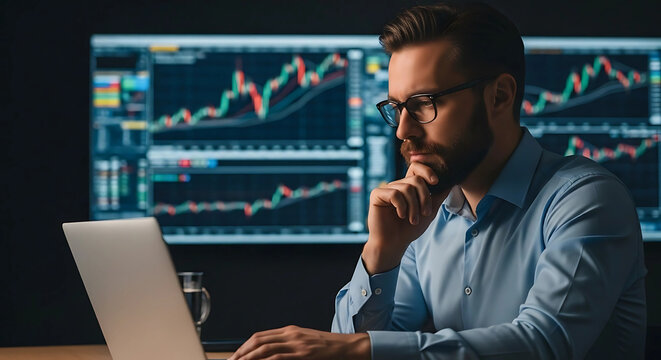 A focused man analyzes financial charts on a laptop, surrounded by monitors displaying stock market data.