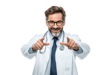 Smiling doctor points at you.