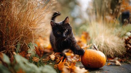 A black cat playfully interacts with a pumpkin amidst fall foliage, creating a festive Halloween scene.