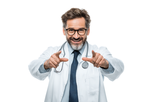 Smiling doctor points at you.