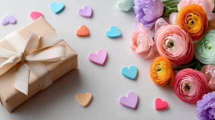 Gift box with colorful hearts and pastel flowers, symbolizing love and celebration, perfect for romantic gestures, thoughtful gifting, and holiday or anniversary.