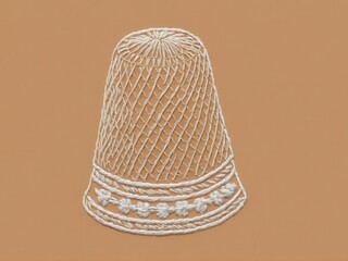  A delicate thimble showcased within an intricate embroidered design against a warm