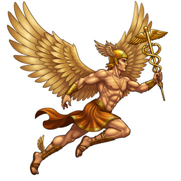 Illustration Of Hermes The Winged God Of Speed With Gold Caduceus