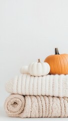 Warm knitted sweaters and pumpkins evoking a cozy autumnal designs ideal for fall themed atmosphere,