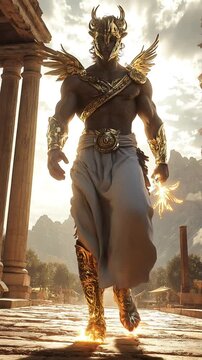 The mighty ancient Greek god Hermes walks in armor. Myths come to life! Witness the mighty Greek gods and Titans&mdash;power, fury, and glory in epic video!. High quality FullHD footage