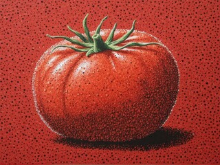  A vibrant tomato emerges through the artistry of pointillism against a rustic farmer's backdrop