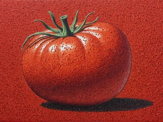  A vibrant tomato emerges through the artistry of pointillism against a rustic farmer's backdrop