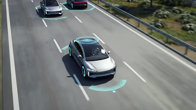 Self Driving Cars Navigate a Grey Highway with Teal Visualization Circles Indicating Sensors and Awareness on a Sunny