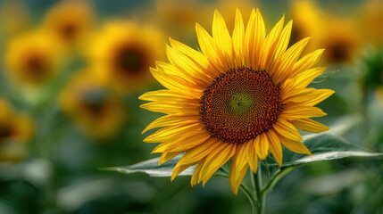 A single vibrant sunflower in full bloom against a blurry field background, radiating beauty.