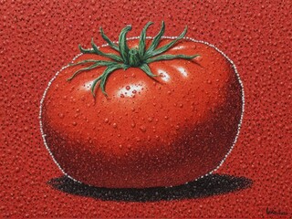  A vibrant tomato emerges through the artistry of pointillism against a rustic farmer's backdrop