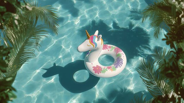 Top View of Clear Water Swimming Pool Featuring a Unicorn Inflatable Float, Surrounded by Crystal Clear Water and Lush Tropical Palm Trees on a Sunny Summer Day, a Serene and Inviting Scene

