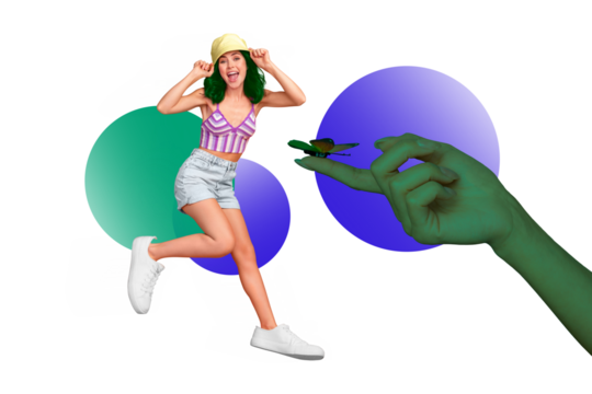 Collage graphics picture of excited funny lady arm holding finger butterfly isolated painting background