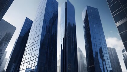 Low angle view of tall blue glass skyscrapers reaching into a bright sky in a modern city setting